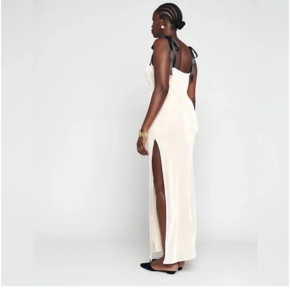 Reformation nya maxi dress velvet white cream SZ 0 tie black slit velour - Picture 3 of 6